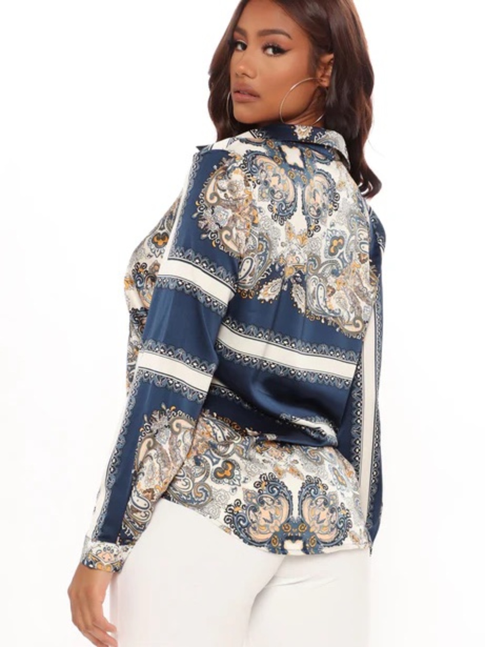 Fashion Nova NWT Silky Scarf Print Navy and Gold Paisley Shirt Jacket/Blouse